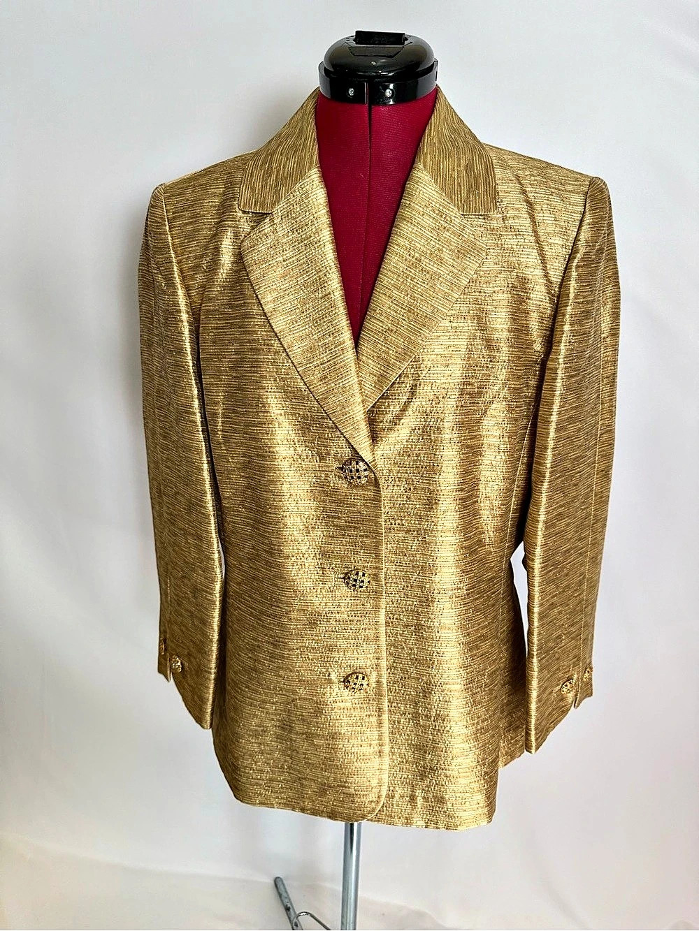 Dana Buchman Metallic Gold Blazer Women's Size 10 3-Button Closure 3/4 Sleeves